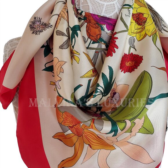 GUCCI SCARF FLORA GOTHIC PRINT IVORY SILK RASPBERRY BORDER SQUARE 35" - Picture 10 of 15